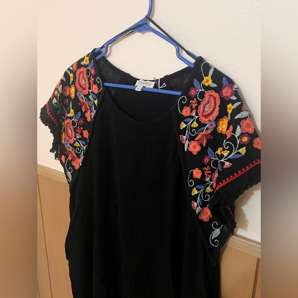 Umgee Black Dress with Colorful Floral Embroidery XL